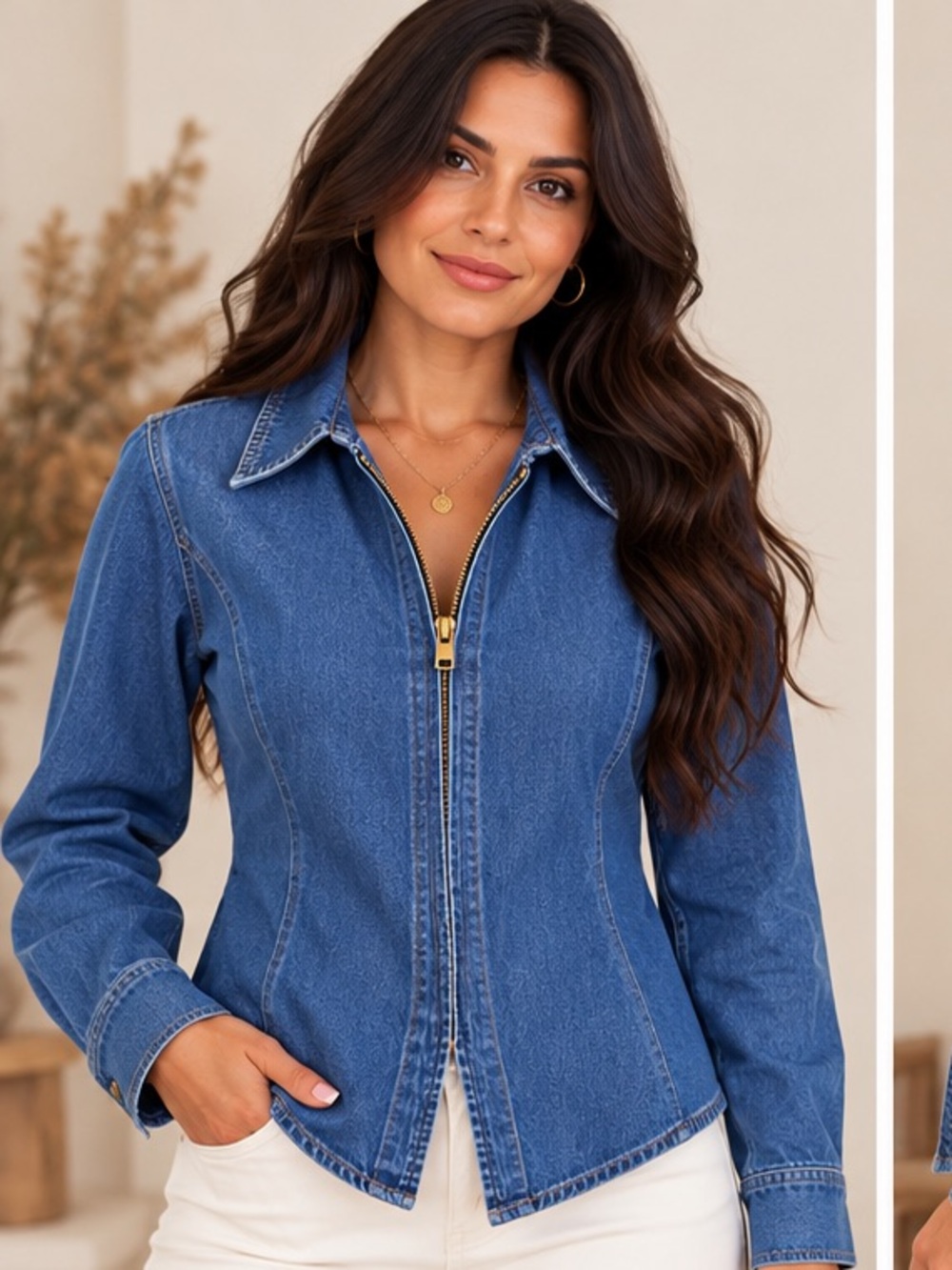 RUTI Denim Handkerchief Zipper Blouse Mira Medium Wash